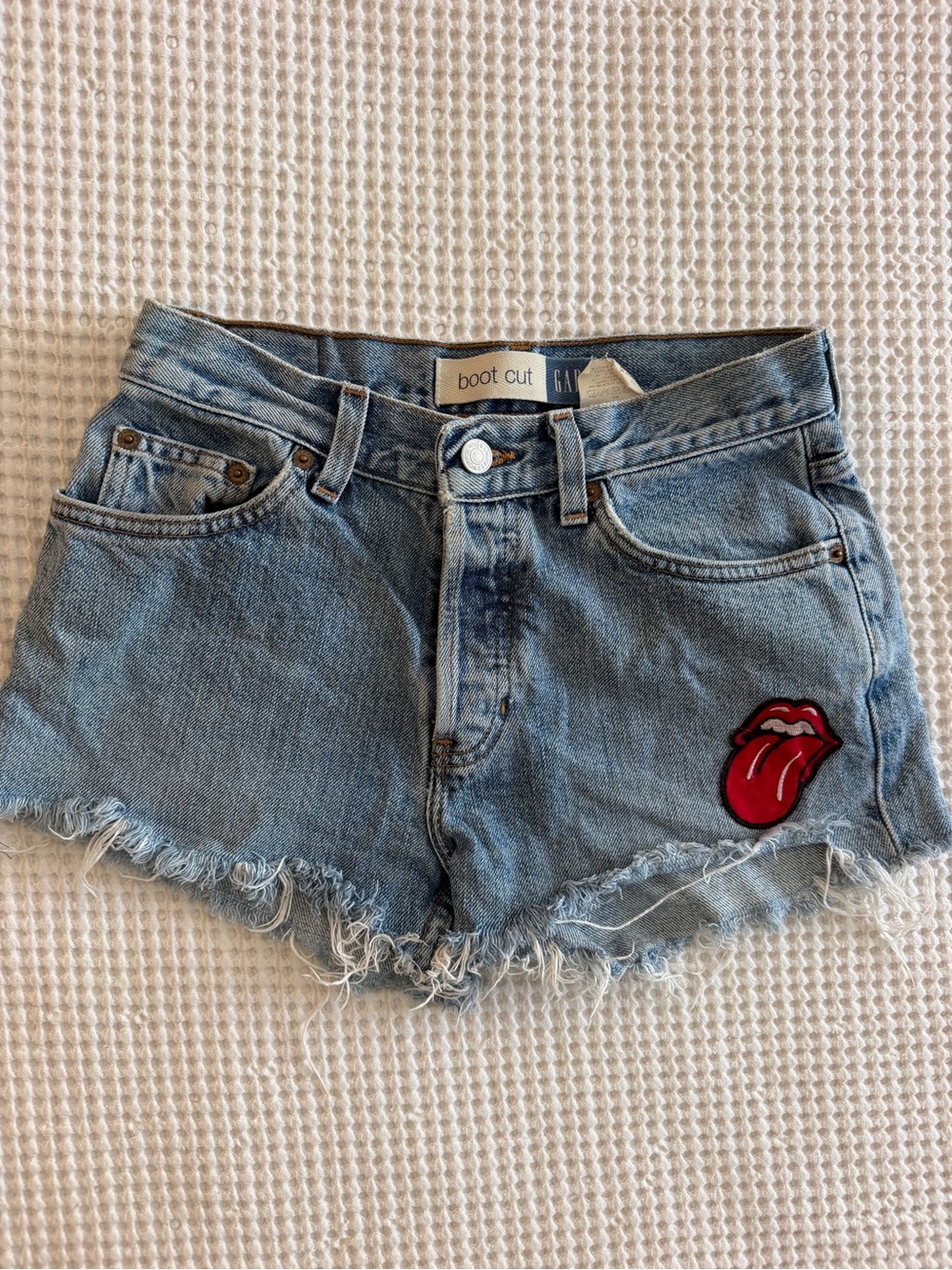 VINTAGE GAP Denim Cutoff Shorts with Rolling Stones Patch - Light Blue